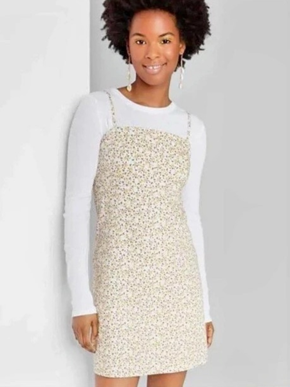 Wild Fable Floral Boho Fitted Mini Dress in Yellow & White Dainty Cottagecore